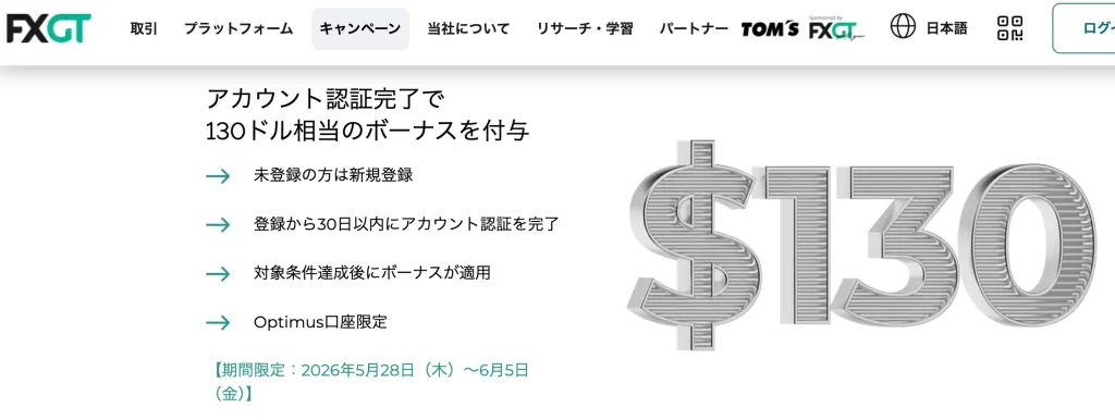 fxgt口座開設ボーナスキャンペーン