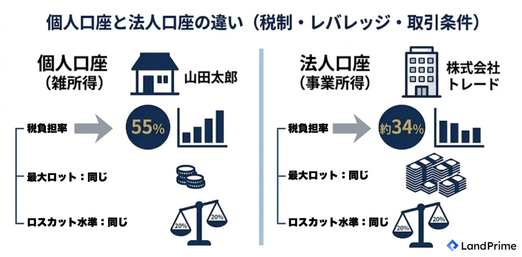 個人口座との違い(税制・レバレッジ・取引条件)