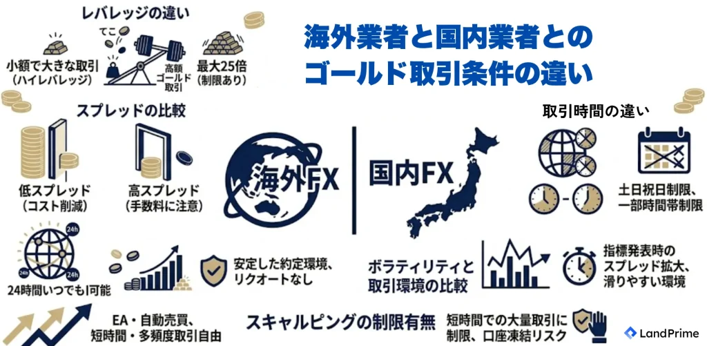 海外FX業者と国内FX業者とのゴールド取引条件の違い