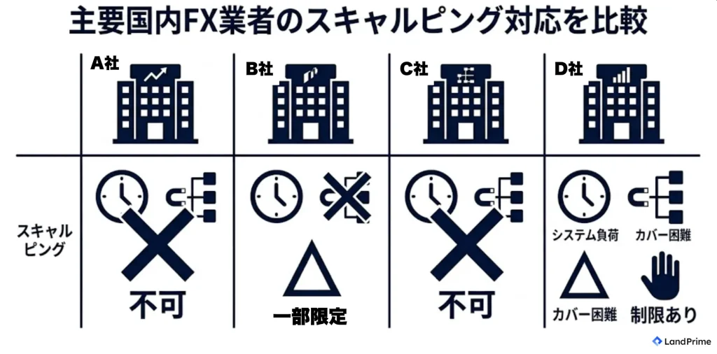 主要国内FX業者のスキャルピング対応を比較