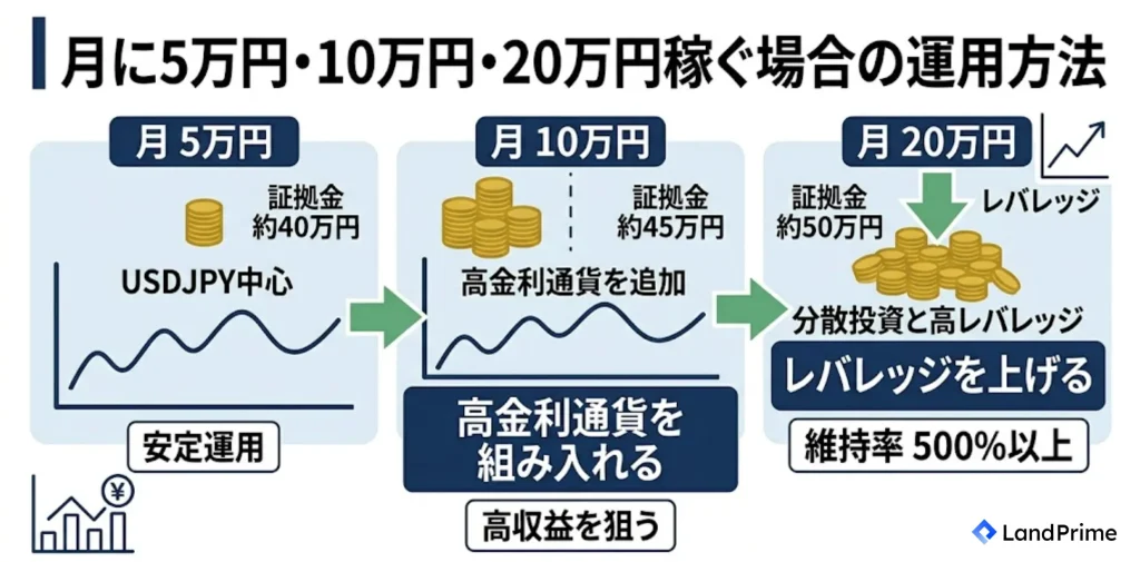 月に5万円・10万円・20万円稼ぐ場合の運用方法